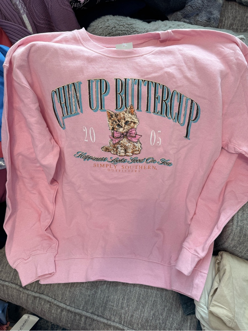 Simply Southern Pink "Chin Up Buttercup" Kitty Crewneck Sweatshirt